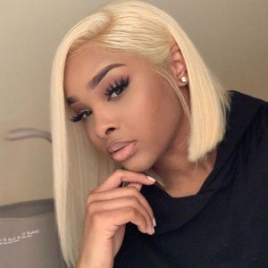 PREMIUM QUALITY # Natural blonde Pre-Plucked Human Hair Lace Front Straight Bob Wigs