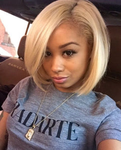 PREMIUM QUALITY # Natural blonde Pre-Plucked Human Hair Lace Front Straight Bob Wigs