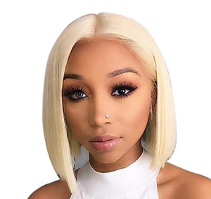 PREMIUM QUALITY # Natural blonde Pre-Plucked Human Hair Lace Front Straight Bob Wigs